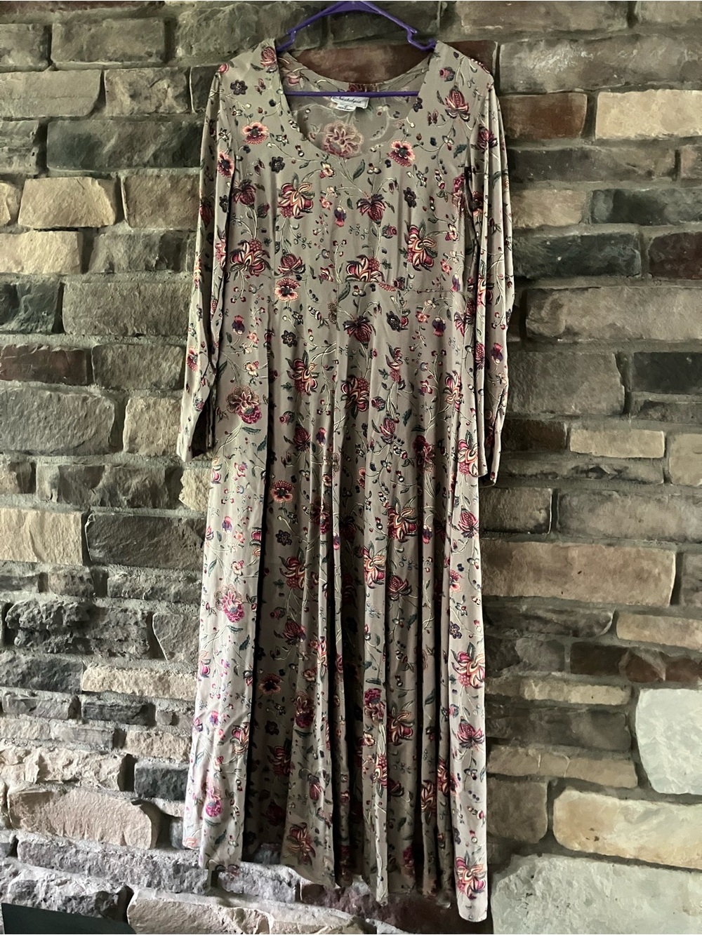 Rare Vintage Nostalgia Taupe Floral Long Sleeve Maxi Dress with Pink Accents